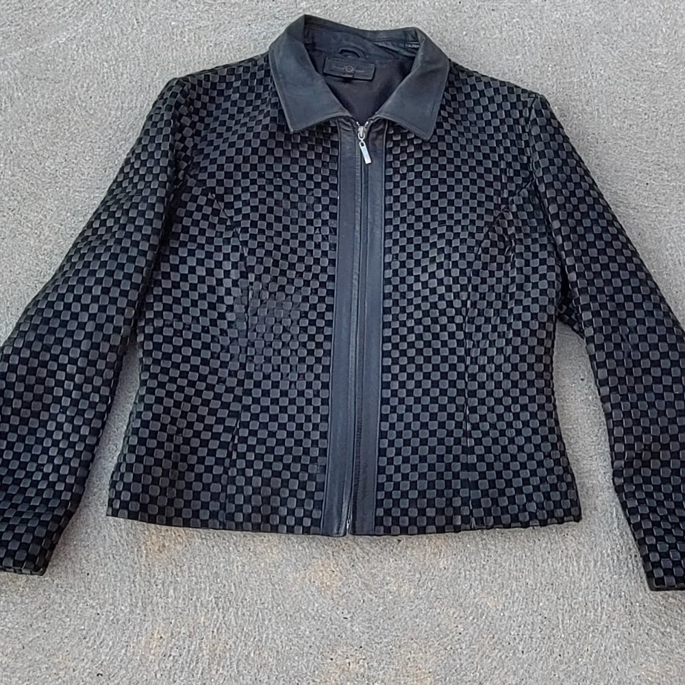 Wilsons Leather Woven Black Leather and Suede Lined Women's Zip Jacket Coat XL